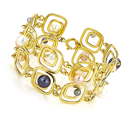 18K Cultured Freshwater Pearl Two-Row Geometric Bracelet - 7.5"
