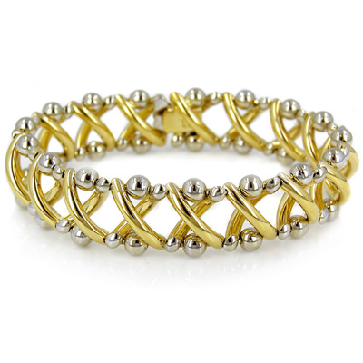 18K Two Tone Gold "X"-Link w/Balls Bracelet 8.2
